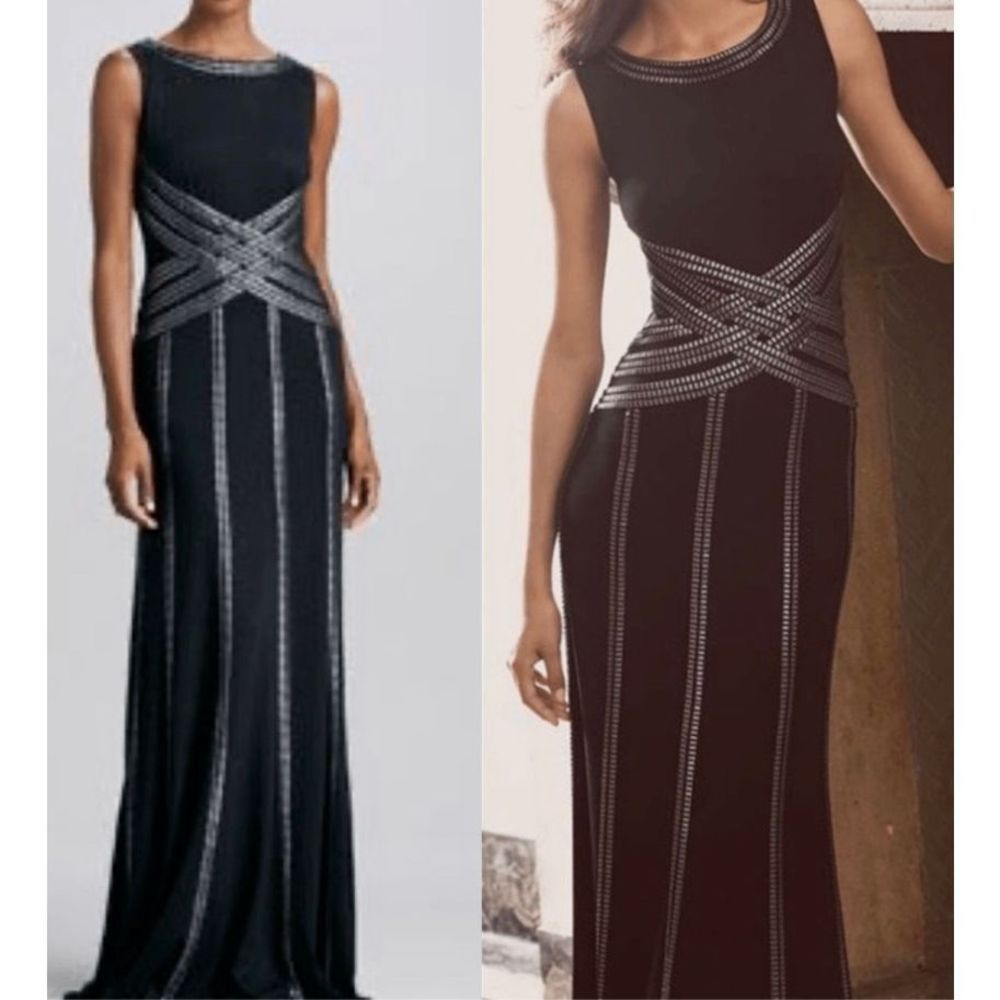 Tadashi Shoji Black Embellished Silver Metallic Trim Gown